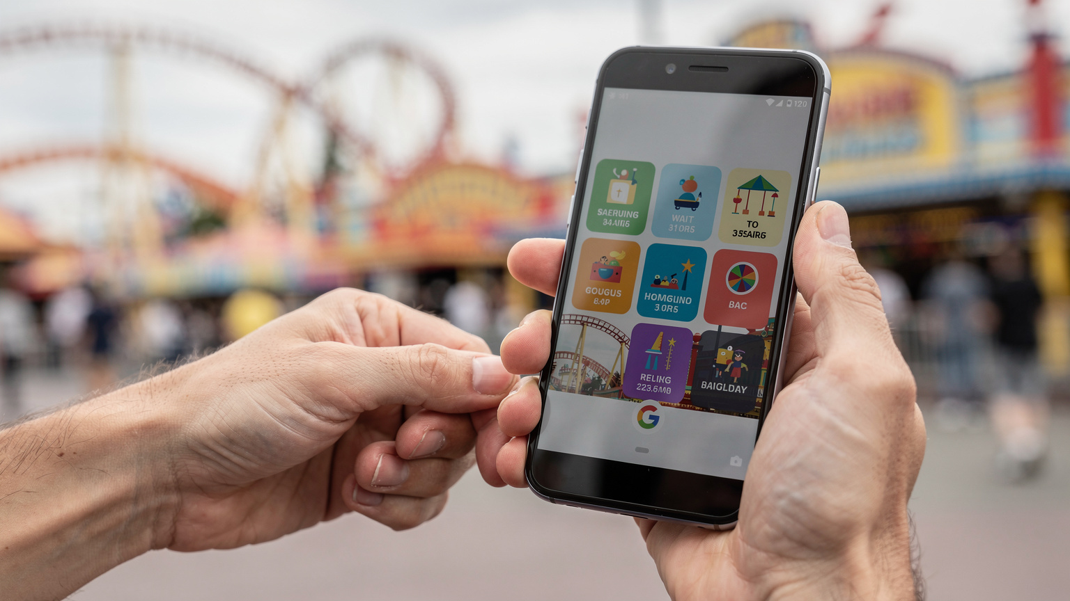 A close-up of a parent's hands, one holding a smartphone displaying a theme park app with wait times, the other holding a child's hand, illustrating the need for reliable connectivity in busy environments.