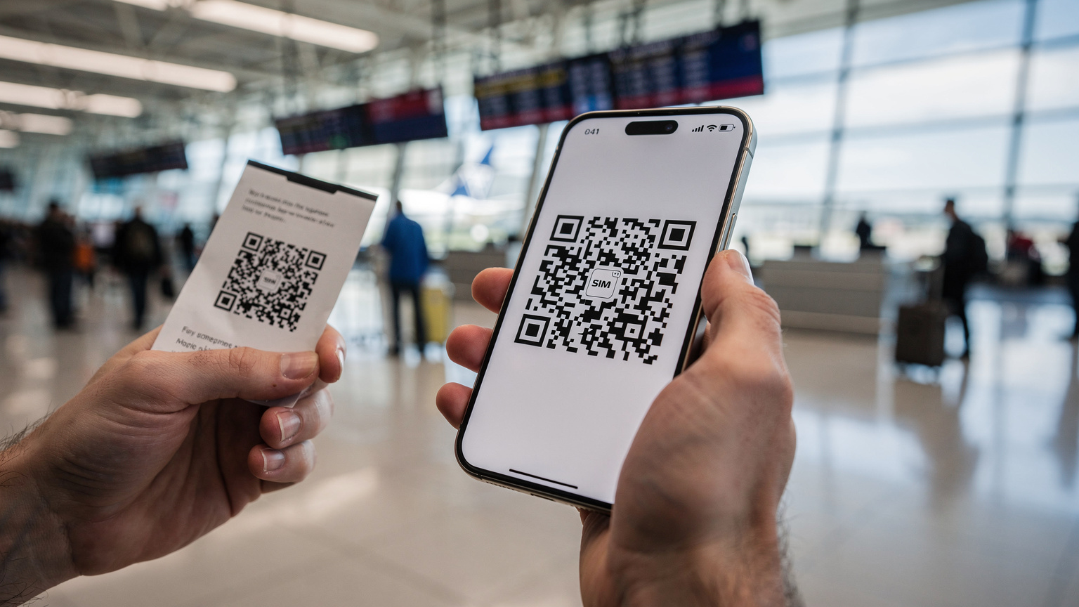 A parent quickly scans a QR code to activate an eSIM on their smartphone, streamlining arrival at a bustling airport.