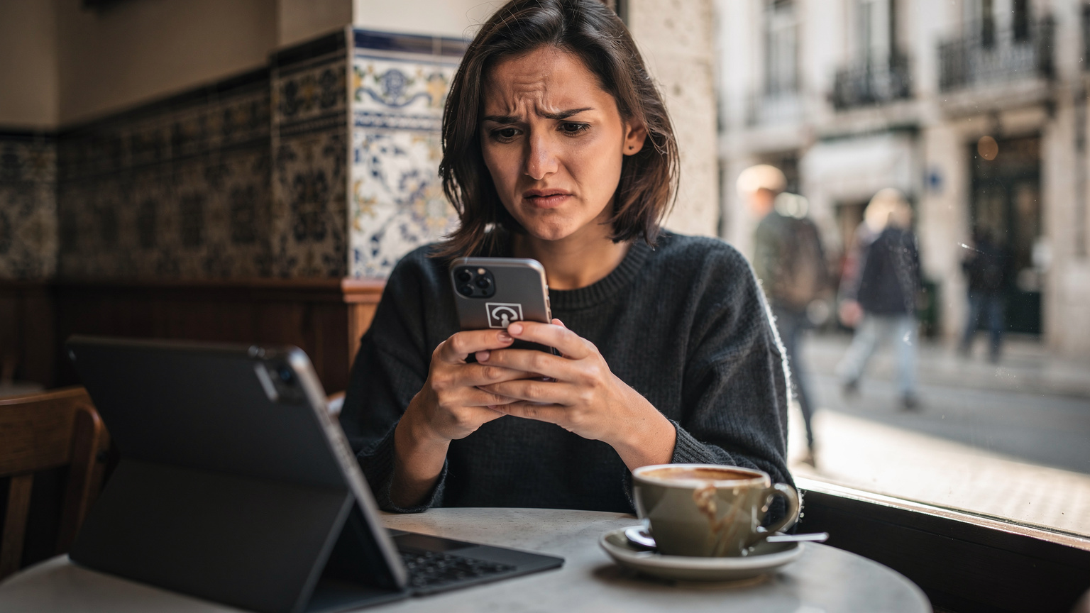 A woman looks frustrated at her iPhone while sitting in a cafe in Lisbon, Portugal, with her iPad nearby, highlighting the common issue of unreliable public Wi-Fi.