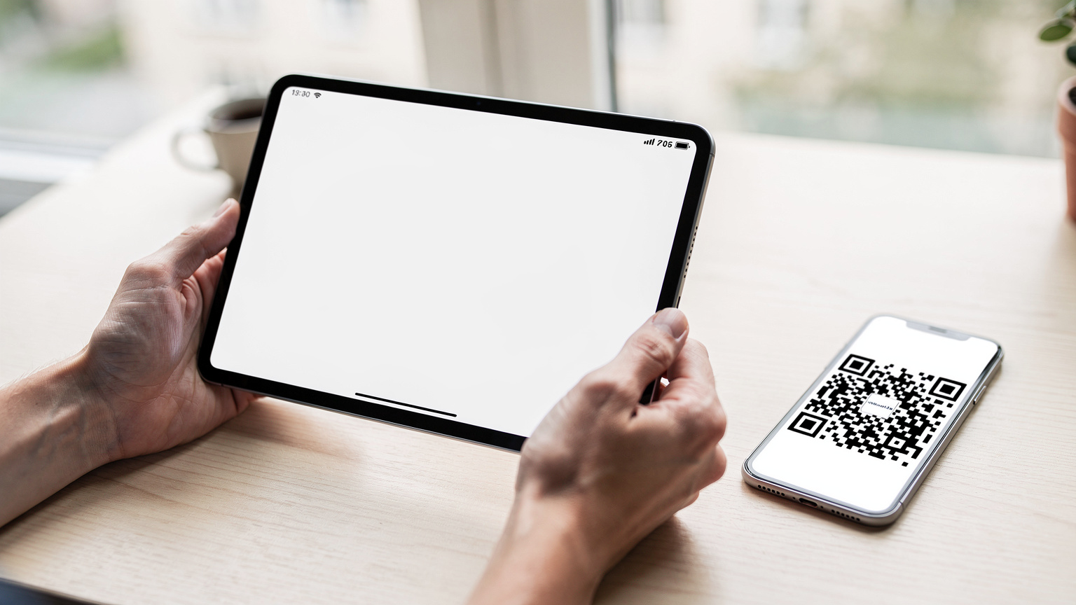 Close-up of human hands holding an iPad, displaying the 'Add eSIM' screen with a QR code on a separate phone screen in the background, showing the activation process.
