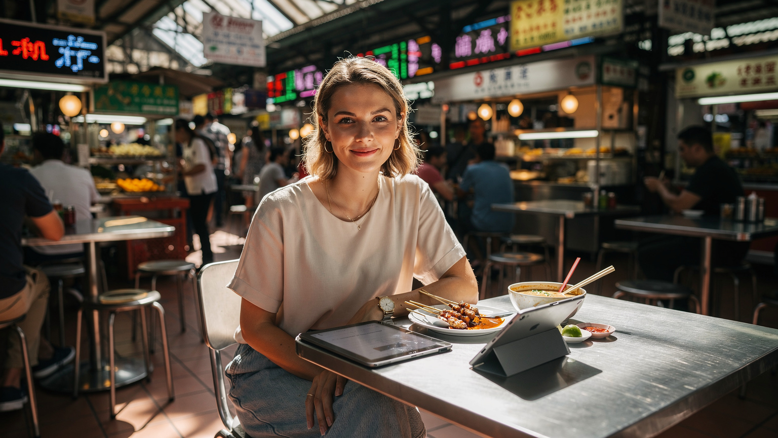 A digital nomad casually looks at her iPad at a vibrant street food court in Singapore, enjoying a local dish, demonstrating seamless connectivity in a dynamic environment.