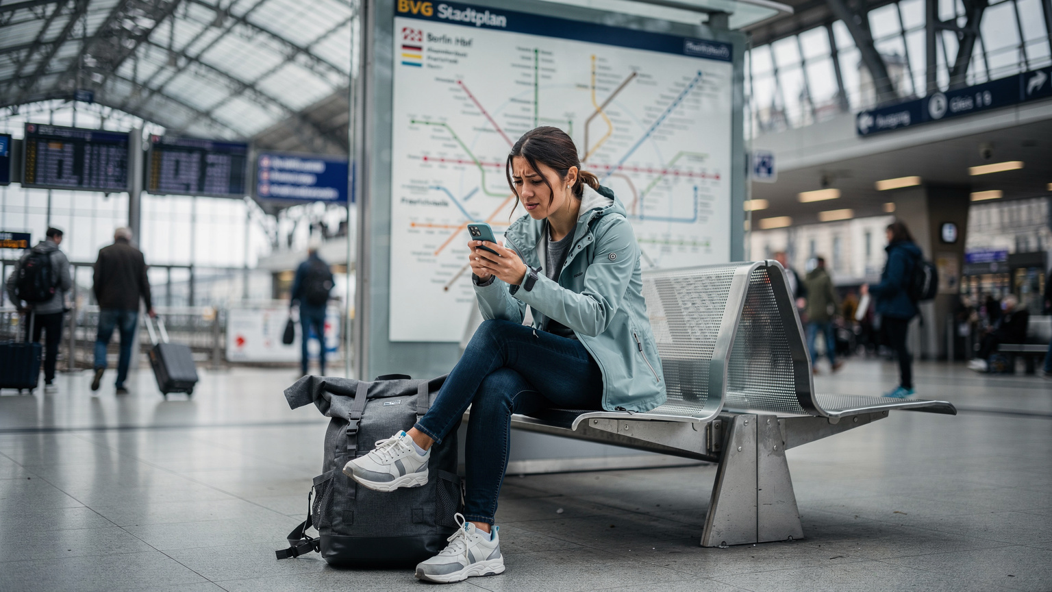 A traveler looking perplexed at their phone screen while sitting on a bench in a bustling train station in Berlin, Germany, with a large BVG network map in the background, conveying the frustration of a connectivity issue.