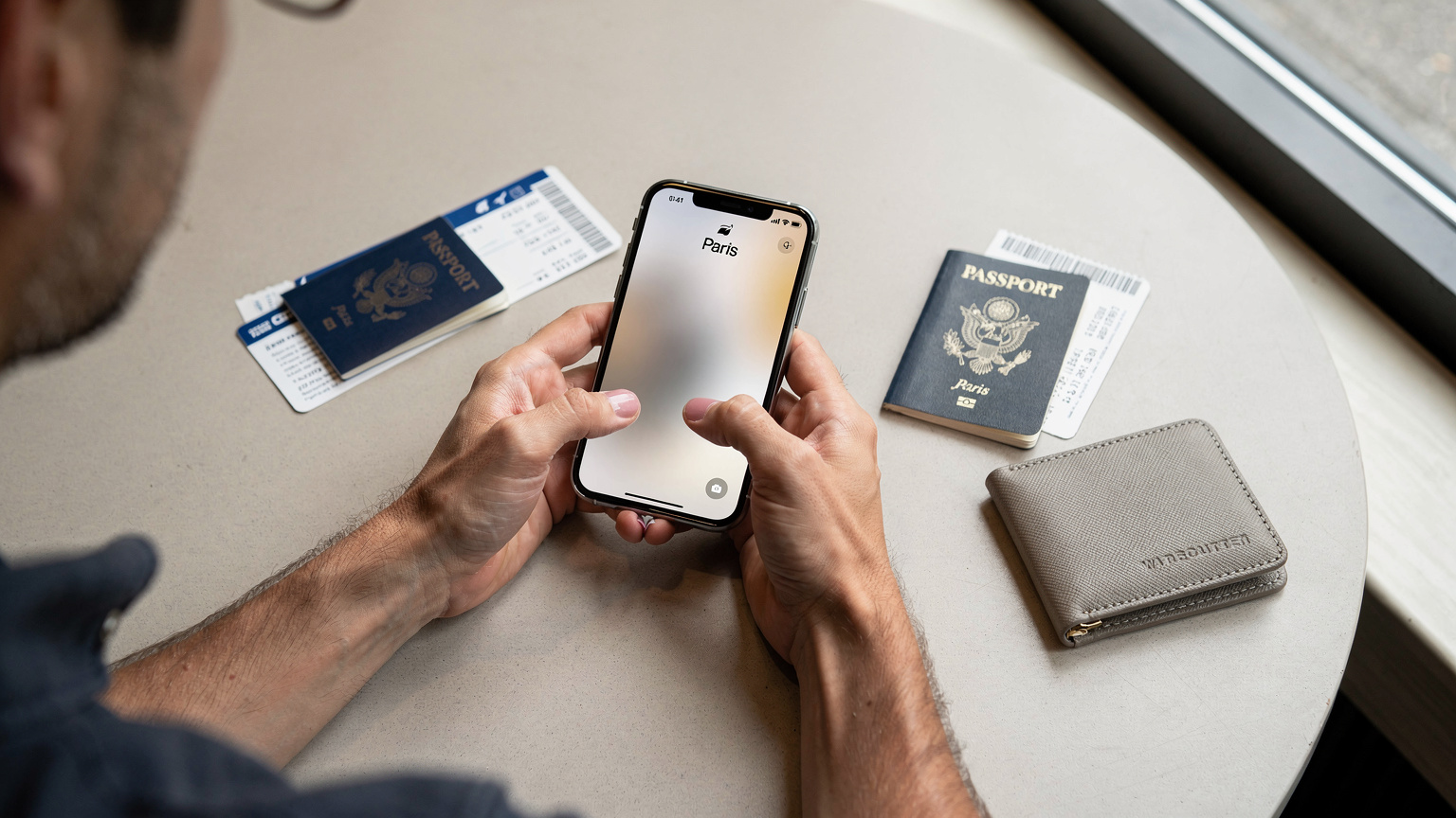 A traveler meticulously checking their smartphone settings for eSIM compatibility, with a passport and plane ticket visible on a cafe table, illustrating pre-trip preparation.