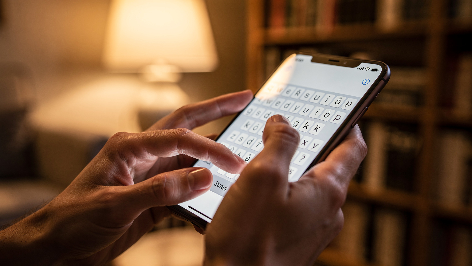 A close-up of a person's hands delicately typing activation details into an iPhone's eSIM settings screen, with a blurry background of a cozy living room, emphasizing the manual entry process.