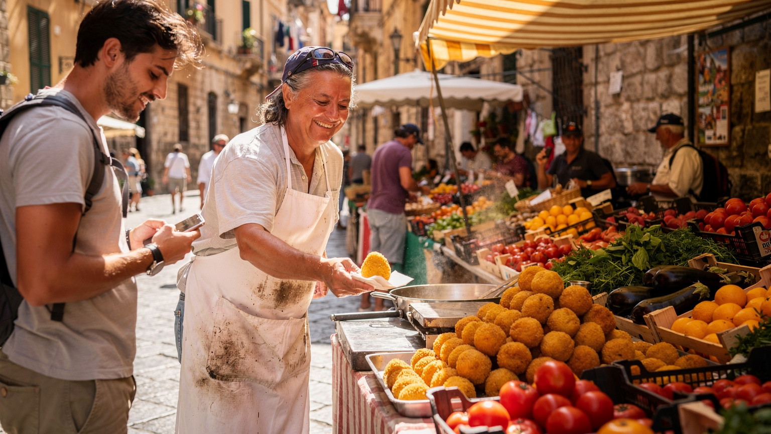 A vibrant street food vendor in a bustling market in Palermo, Italy, handing over a freshly prepared arancina, with a tourist in the foreground subtly checking their phone, highlighting a common travel scenario where immediate connectivity is essential.