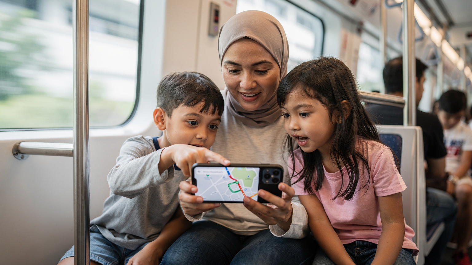 Seorang ibu Malaysia sedang menunjuk ke arah arah di telefonnya, yang memaparkan peta luar talian, kepada anak-anaknya yang bersemangat di dalam kereta api MRT di Singapura.