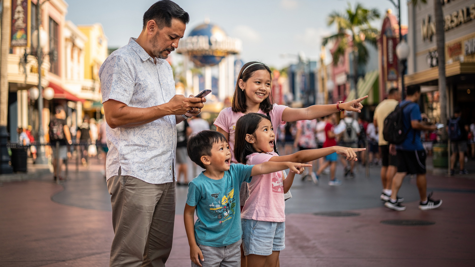 Seorang bapa Malaysia sedang meneliti peta pada telefonnya sambil anak-anaknya yang bersemangat melihat ke arah sebuah tarikan di Universal Studios Singapore.