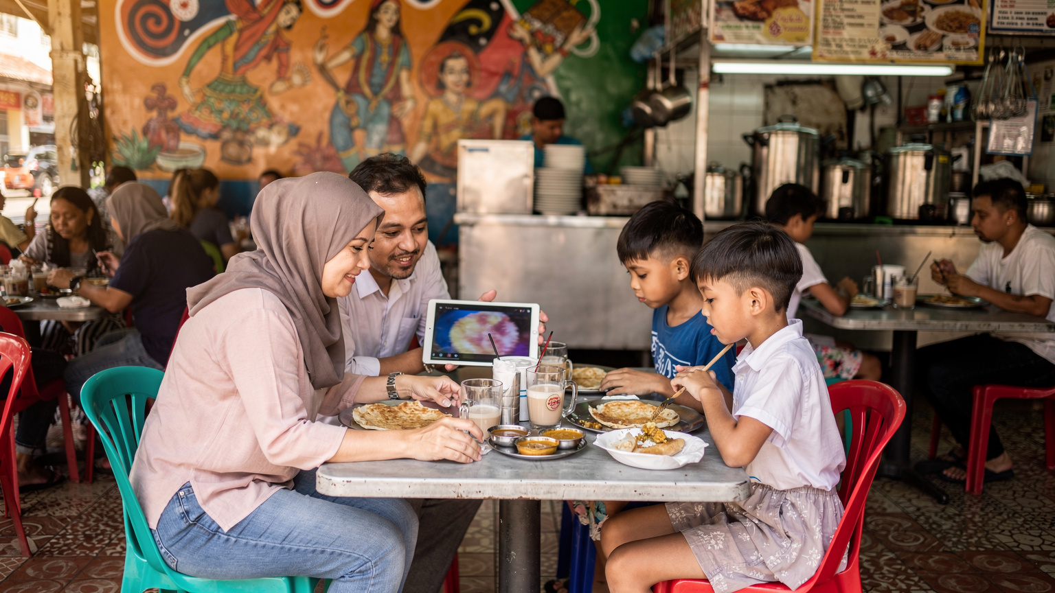 Sebuah keluarga Malaysia, ibu bapa dan dua anak, sedang menikmati hidangan roti prata di sebuah kedai kopi di Little India, Singapura. Anak-anak sedang menonton video di tablet.