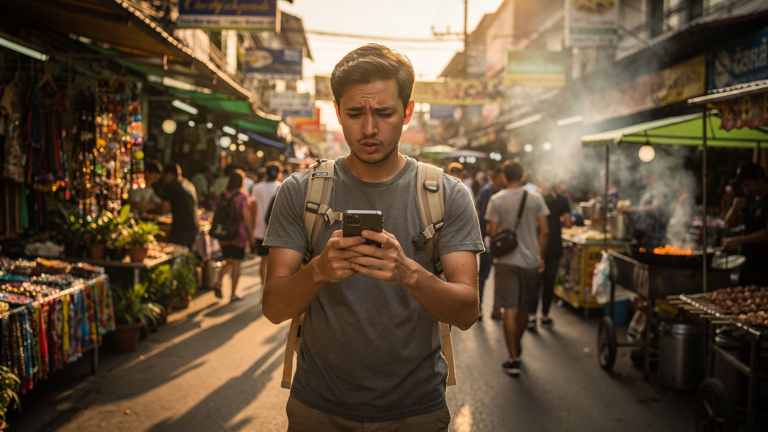 A person standing in front of a bustling street market in Bangkok, looking at their phone with a puzzled expression, trying to figure out local connectivity options. The scene is vibrant with local vendors and street food stalls, under soft afternoon light.