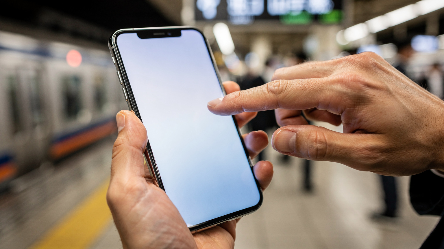 A close-up shot of hands interacting with a smartphone, showing the gesture of tapping or swiping, possibly on a map or translation app, while standing in a busy Japanese train station.