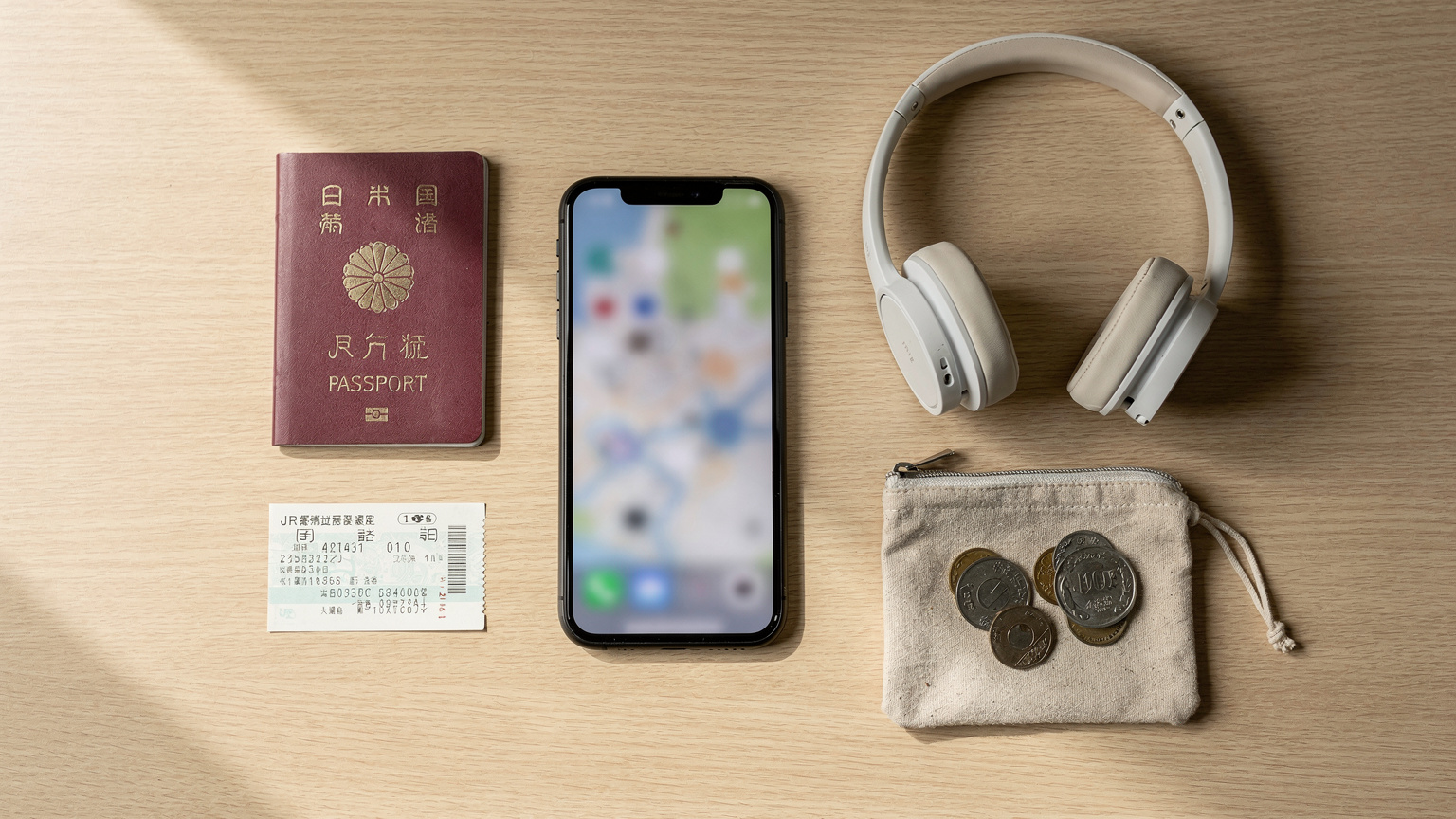 An overhead flat-lay shot of essential travel items: a passport, a smartphone displaying a map, headphones, a Japanese train ticket, and a small currency pouch, all neatly arranged on a minimalist hostel desk.