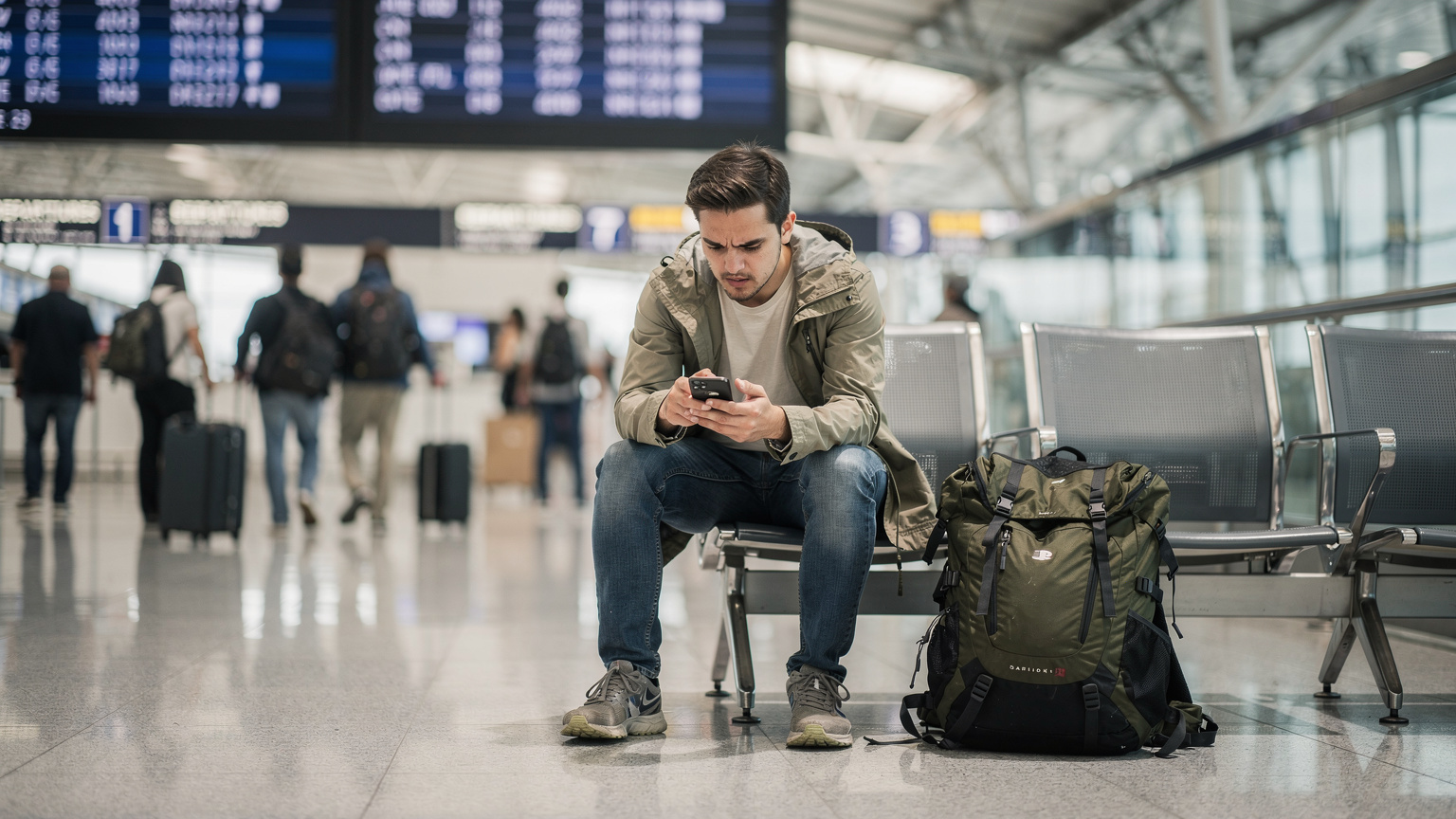 A backpacker looks confusedly at their smartphone screen while standing in a busy airport terminal, suggesting a connectivity issue or difficulty with setup.