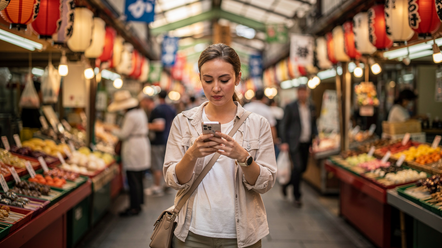 A traveler uses their smartphone for navigation while exploring a bustling traditional market street in Kyoto, surrounded by local vendors and shoppers.