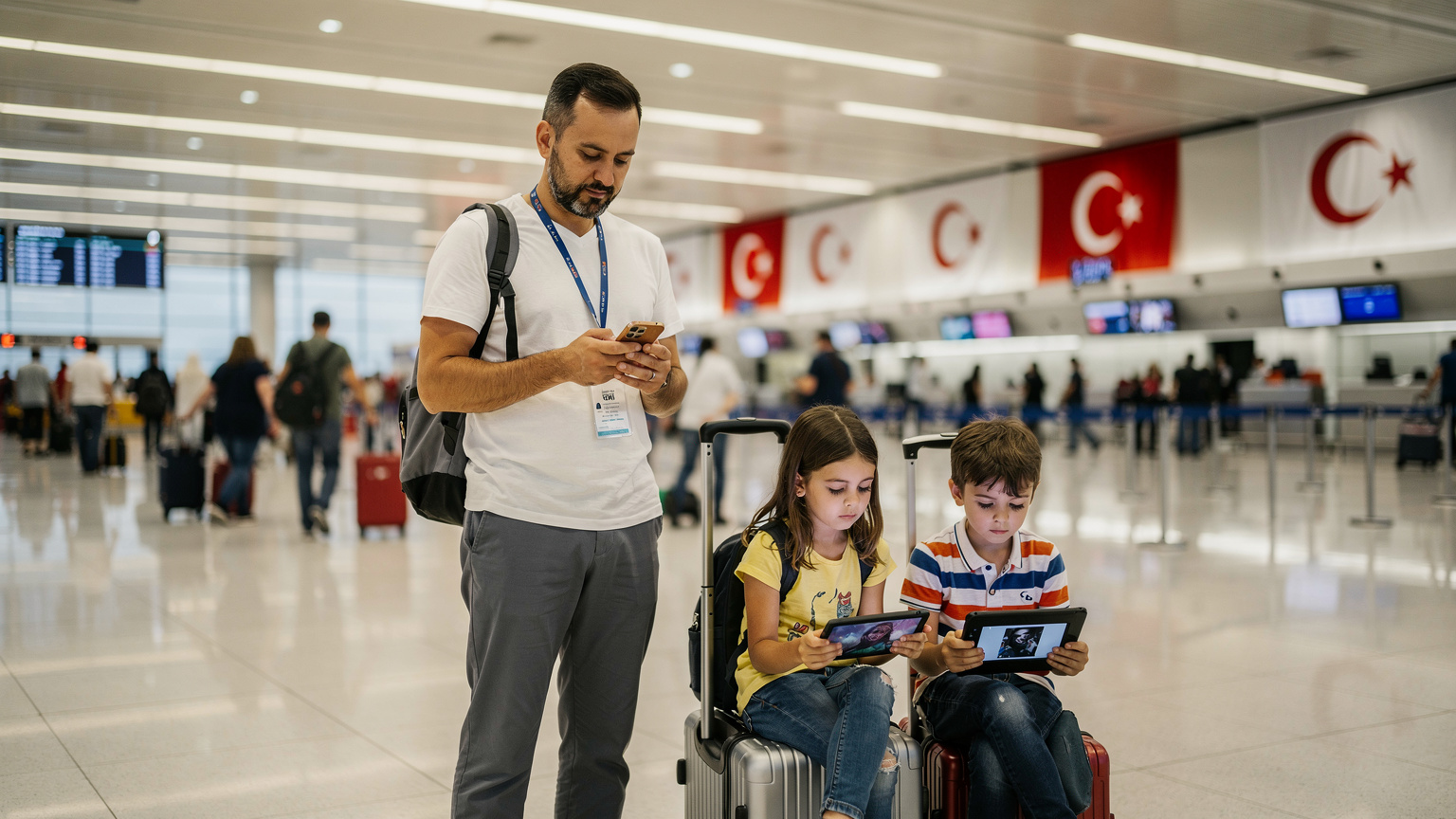 Bir baba ve iki çocuğu, İstanbul Havalimanı dış hatlar terminalinde, uçağa binmek için sıra beklerken. Çocuklar tabletlerinde film izliyor, baba ise kendi telefonundan Cellesim uygulamasını kontrol ediyor. Arka planda Türk bayrağı motifleri ve hareketli bir havaalanı ortamı var.