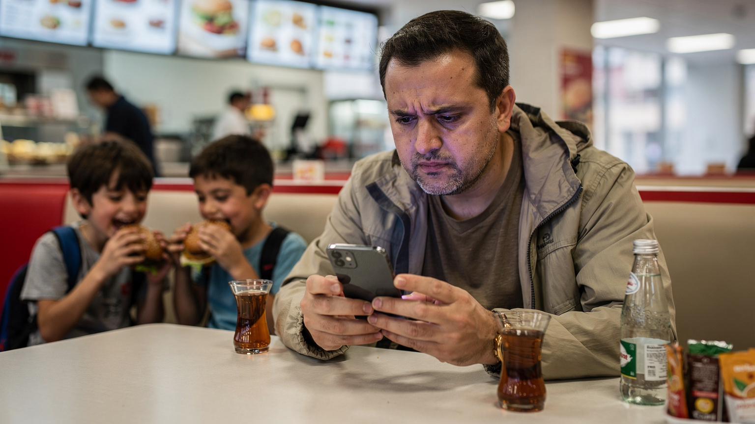 Bir baba, yeni iPhone'unu elinde tutarken hafifçe kaşlarını çatmış, ekrandaki bir hata mesajına bakıyor. Arka planda, çocukları bir fast-food restoranında hamburger yerken kendi cihazlarında oyun oynuyor, babanın stresli anına tezat oluşturuyor.