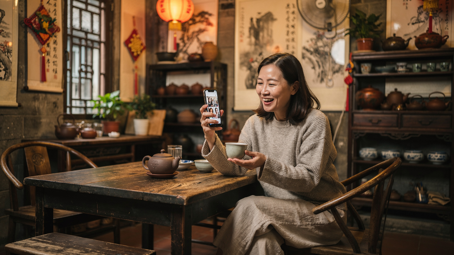 一位旅行者在北京胡同深處的傳統茶館裡，用手機與家人進行WhatsApp視訊通話，臉上帶著輕鬆愉悅的笑容。