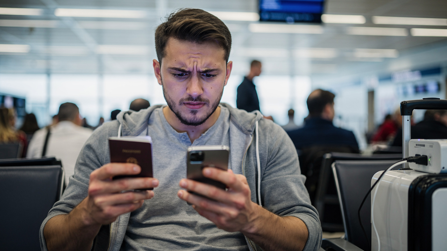 Bir havaalanı bekleme salonunda, elinde pasaportu ve telefonunu tutan bir seyyahın endişeli bakışlarla internet bağlantısı kurmaya çalıştığı bir an.