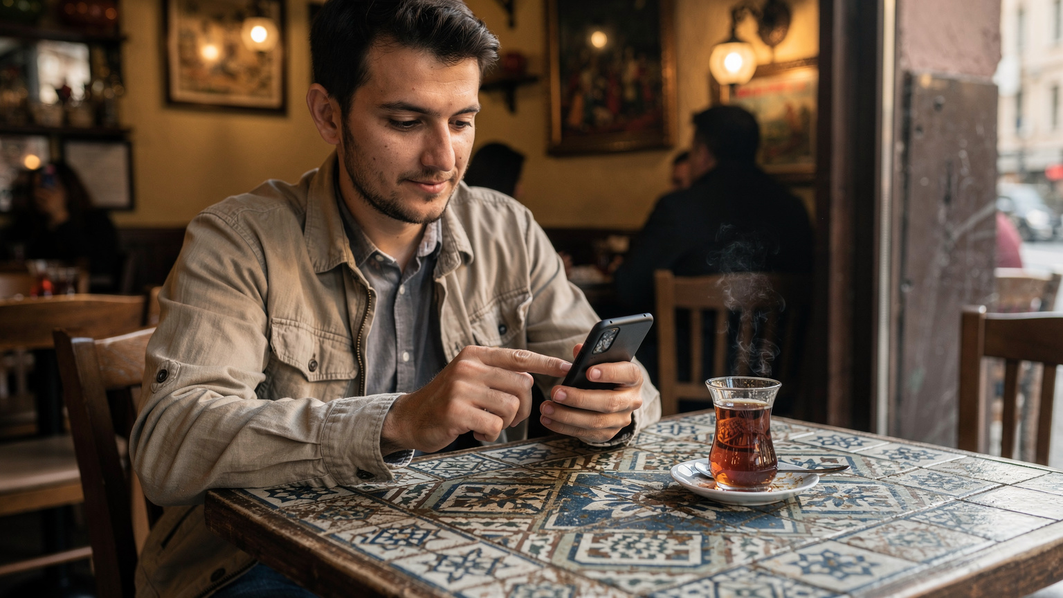 Bir kafede, elinde akıllı telefonunu tutan bir seyyahın, ekranında mobil veri ayarlarını kontrol ettiği yakın çekim bir fotoğraf.