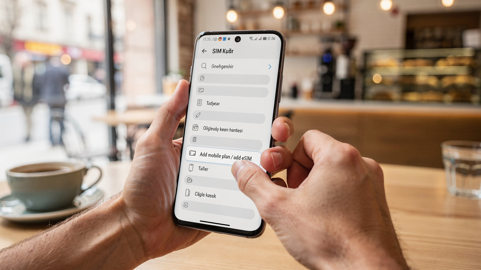 Bir Samsung Galaxy telefon ekranında, SIM kart yöneticisi menüsü açıkken, eSIM ekleme seçeneğine dokunuluyor.