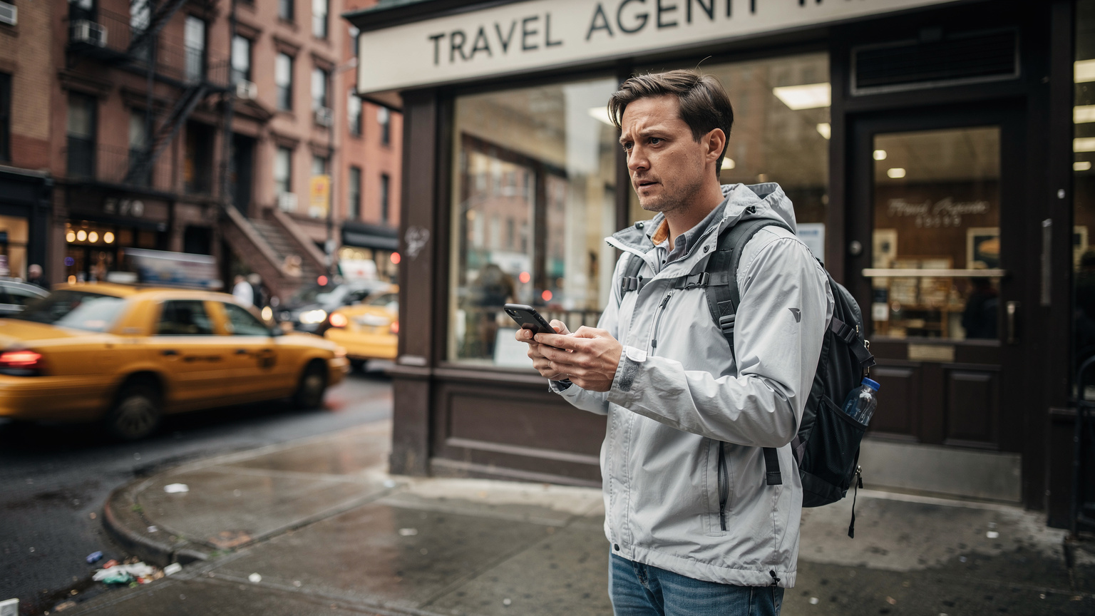 New York'ta bir seyahat acentesinin önünde, elinde iPhone ile harita uygulamasına bakan bir gezgin.