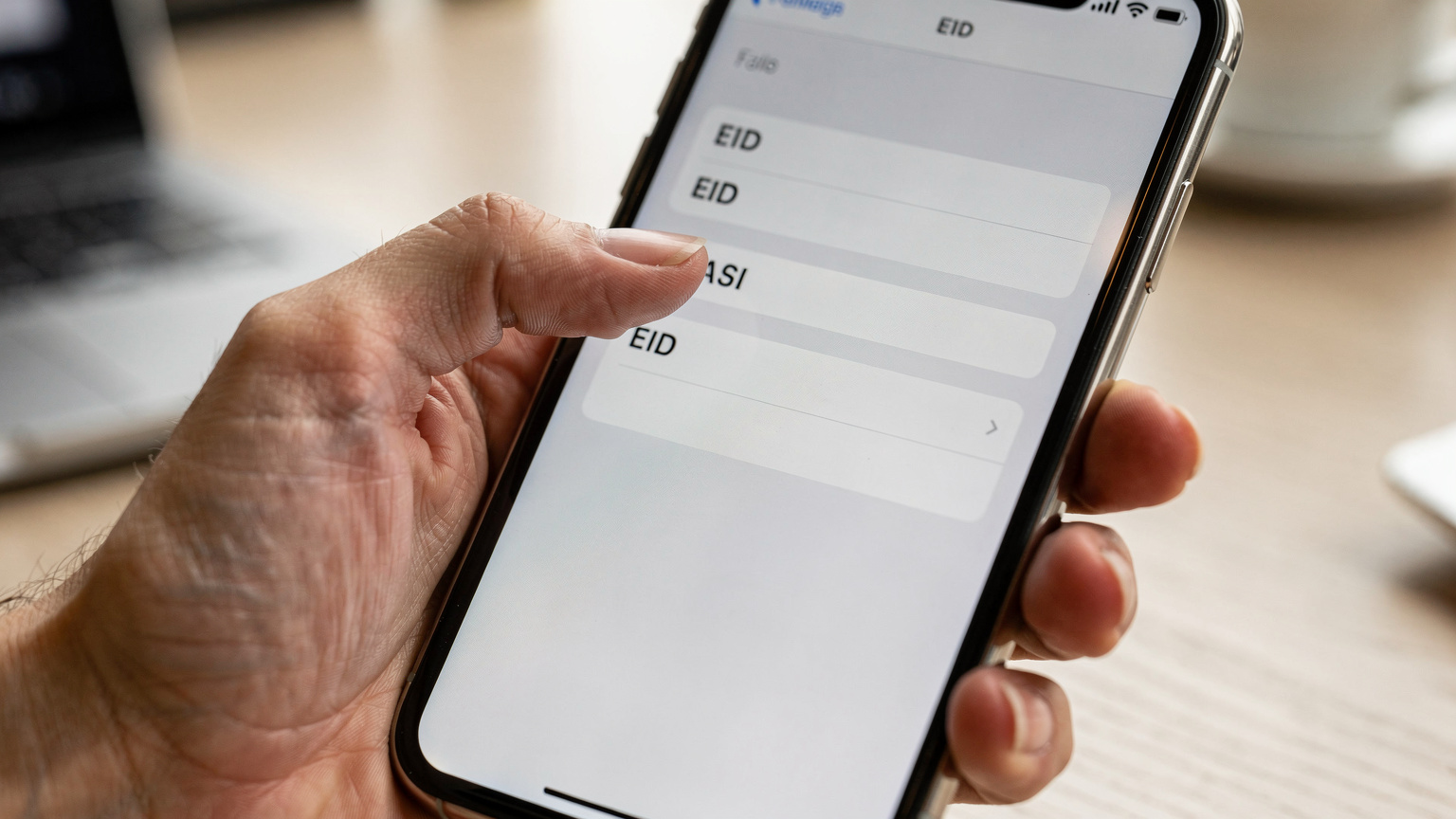 Bir iPhone'un Ayarlar menüsünde eSIM bilgilerini kontrol eden bir el.
