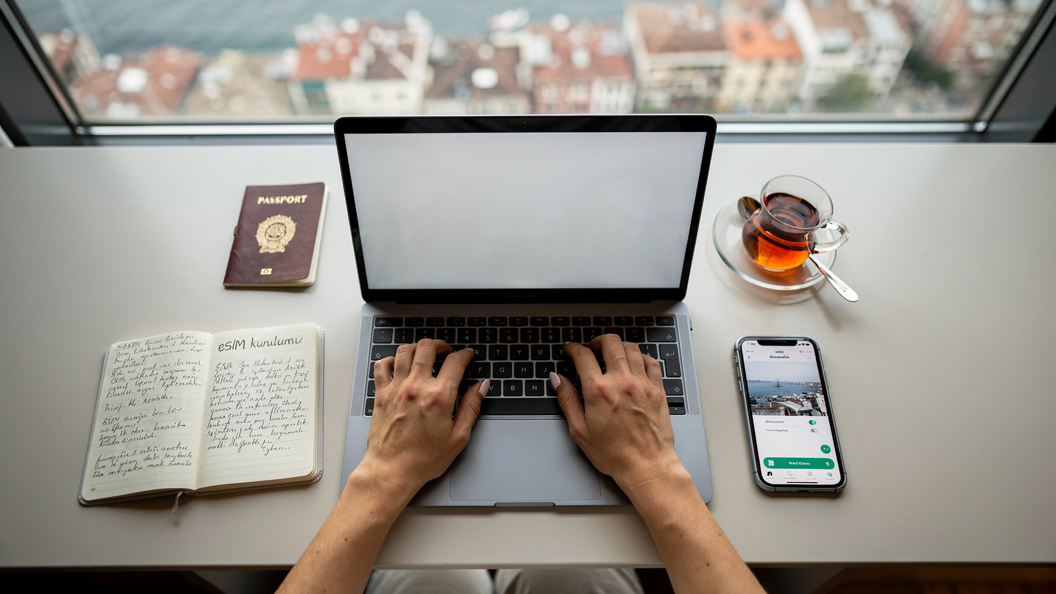 Bir seyahat blog yazarının İstanbul'daki bir otelde, dizüstü bilgisayarı ve telefonuyla eSIM kurulumu üzerine notlar aldığını gösteren bir sahne.