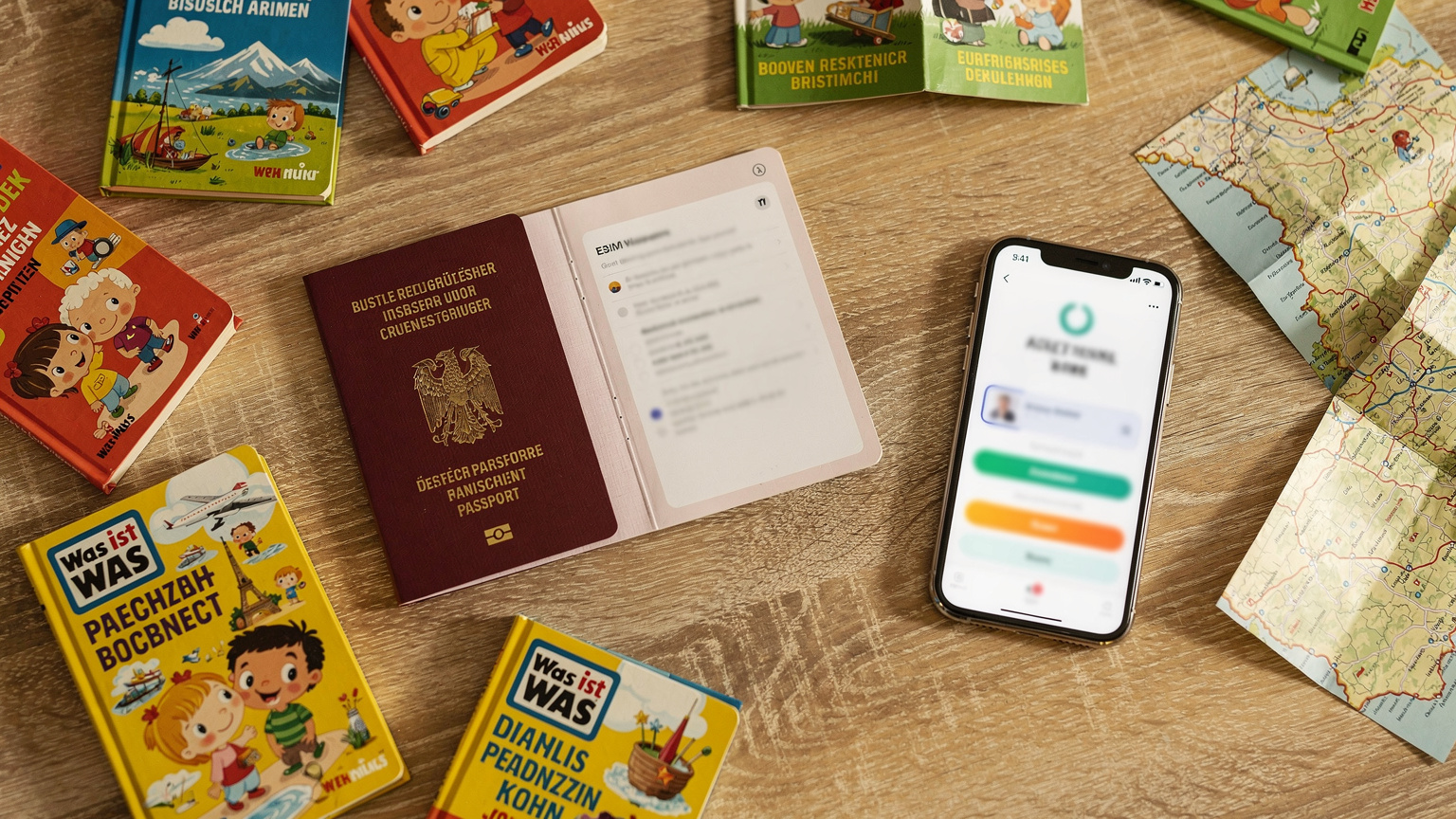 Nahaufnahme eines deutschen Familienpasses auf einem Holztisch, daneben ein Smartphone mit geöffneter Cellesim-App, die eine aktivierte eSIM anzeigt, und bunte Kinder-Reiseführer.