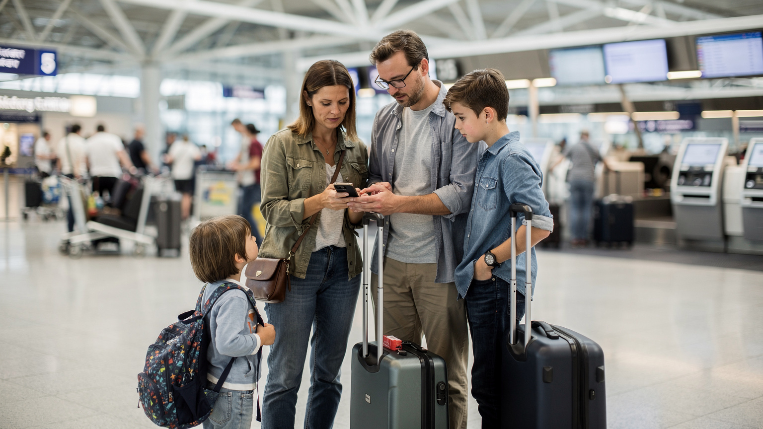 Eine junge Familie, bestehend aus Eltern und zwei Kindern, steht an einem Check-in-Schalter am Flughafen München, die Eltern blicken besorgt auf ihr Smartphone, während die Kinder geduldig warten.