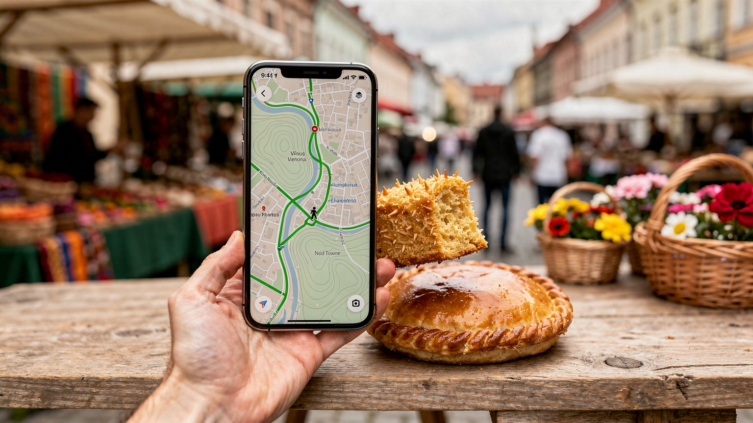 Eine Nahaufnahme eines Smartphones, das eine Landkarte mit Routen durch die Altstadt von Vilnius anzeigt, während eine Hand eine lokale Bäckerei-Spezialität hält. Im Hintergrund ist ein leicht unscharfer, belebter Markt zu erkennen.