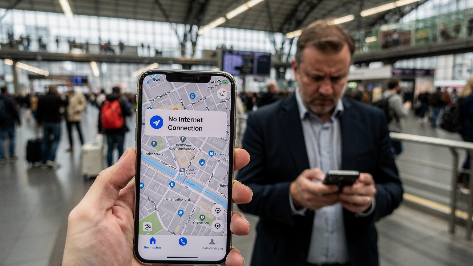 Eine Nahaufnahme eines Smartphones, auf dem eine Karte des Berliner Hauptbahnhofs angezeigt wird, mit einem leicht gestressten Mann im Hintergrund, der verzweifelt auf sein Handy schaut. Die Szene ist von Menschenmassen umgeben.