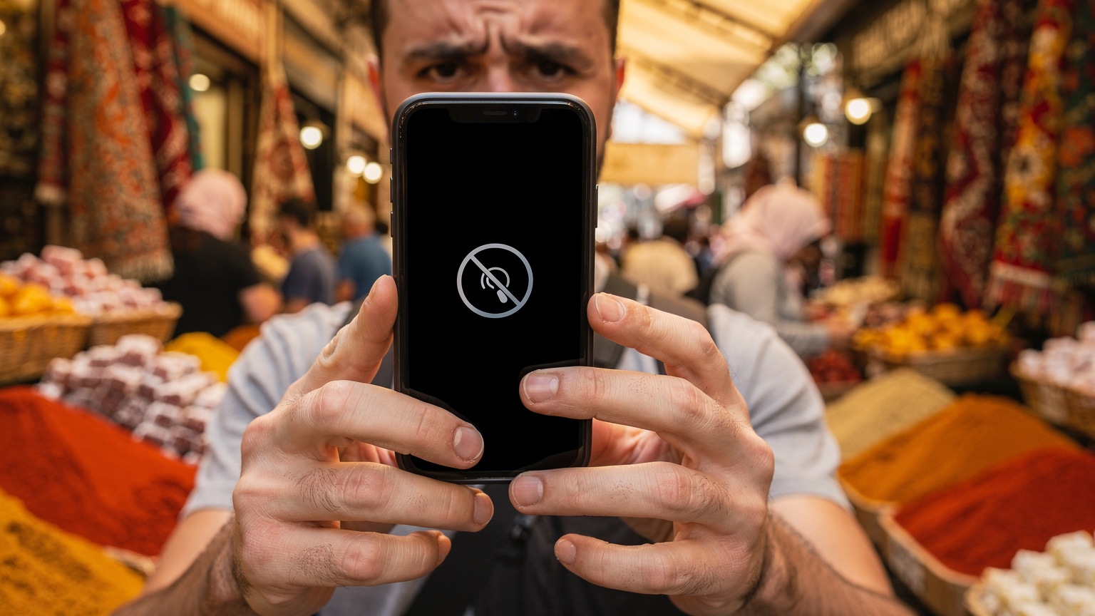 Eine Person hält ein Smartphone in einem geschäftigen Markt in Istanbul, umgeben von bunten Gewürzen und Textilien. Die Hände versuchen, eine Verbindung herzustellen, mit einem leicht besorgten Ausdruck im Gesicht.