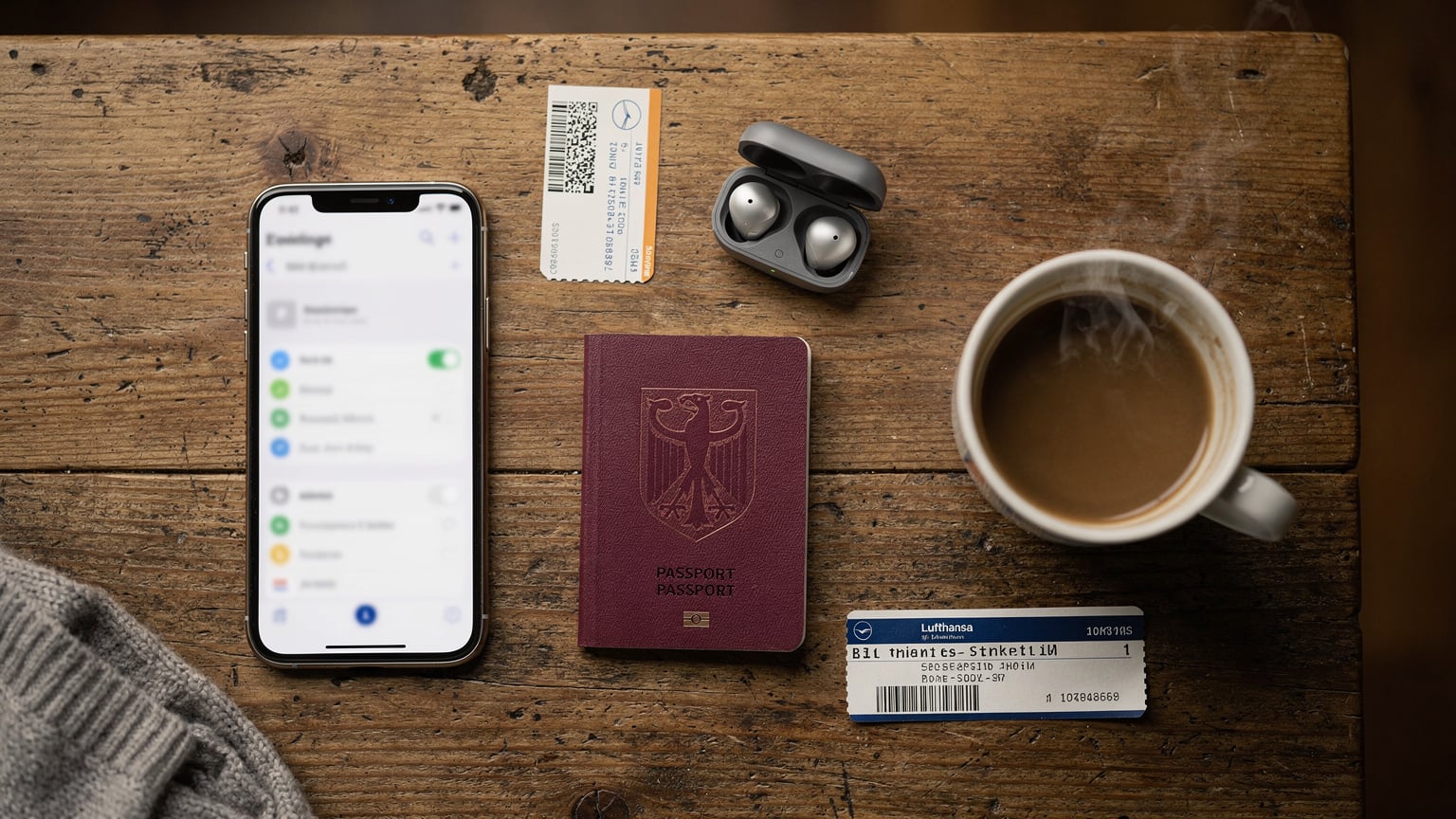 Ein Overhead-Flat-Lay-Shot zeigt ein iPhone mit eSIM-Einstellungen, einen Reisepass, eine Bordkarte, Kopfhörer und eine Tasse Kaffee auf einem Holztisch, bereit für die Reise.