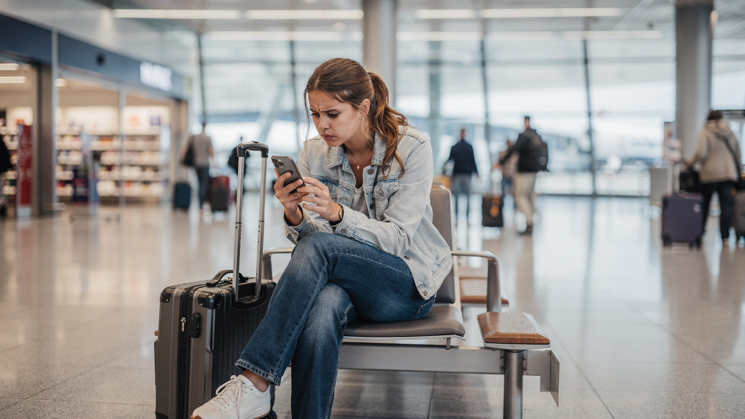 Eine junge Frau, die am Flughafen sitzt und besorgt auf ihr Smartphone schaut, während sie versucht, ihre eSIM zu aktivieren, mit Reisetaschen im Hintergrund.
