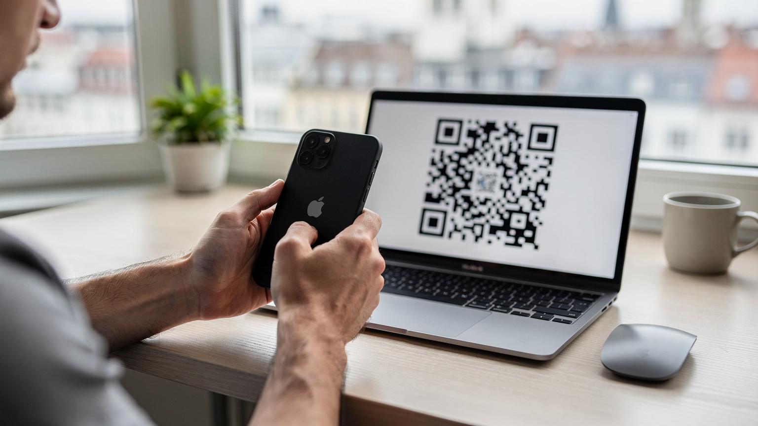 Ein Nutzer scannt einen QR-Code auf einem Laptop-Bildschirm mit seinem iPhone, um die eSIM-Aktivierung zu starten.