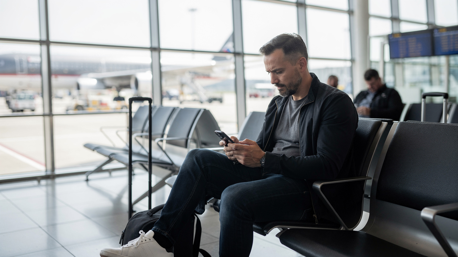 Ein Reisender am Flughafen Berlin Brandenburg (BER) wartet auf den Abflug, während er aufmerksam sein iPhone überprüft, um die eSIM-Einstellungen zu bestätigen.