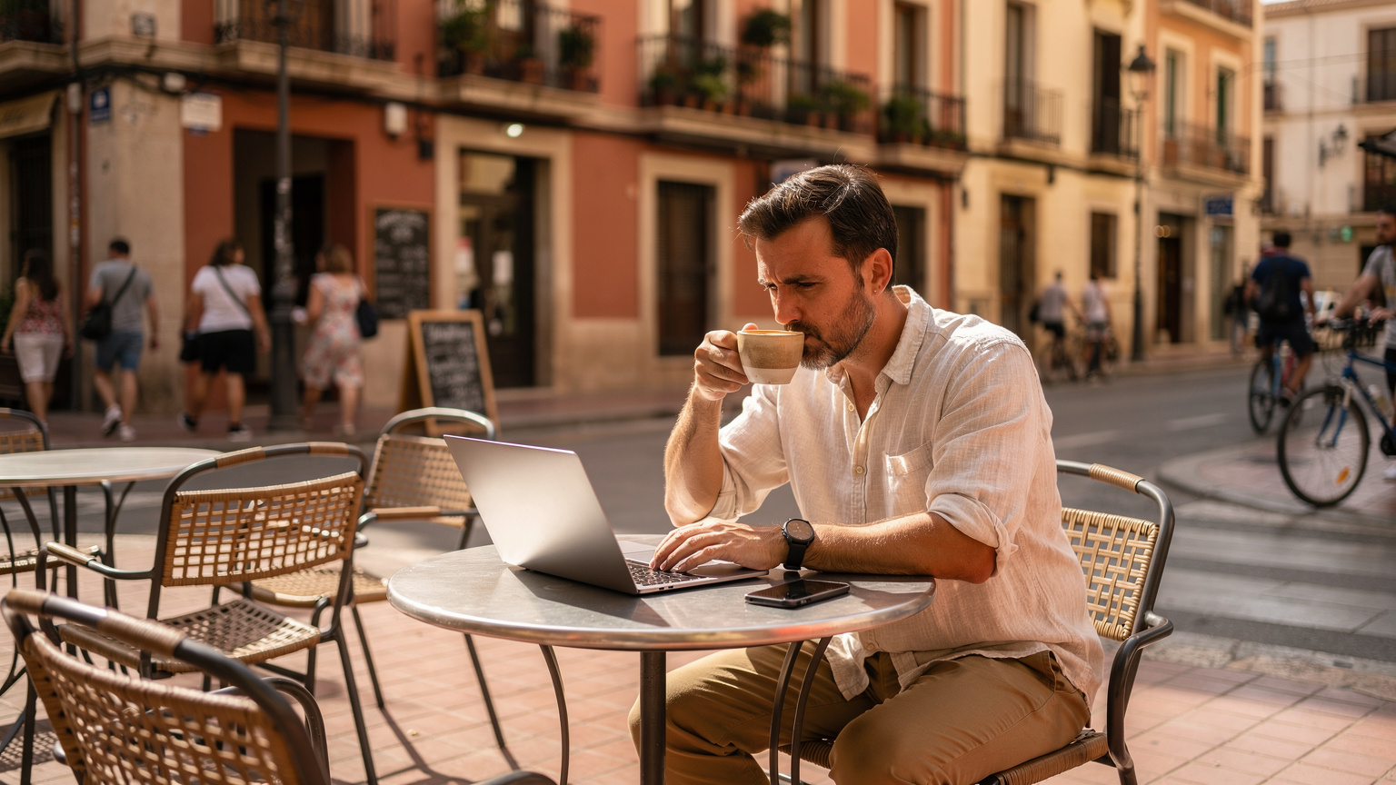 Ein Reisender sitzt in einem belebten Café in Valencia, Spanien, und genießt einen Kaffee, während er entspannt auf seinem Laptop arbeitet, im Hintergrund verschwimmen lokale Passanten.