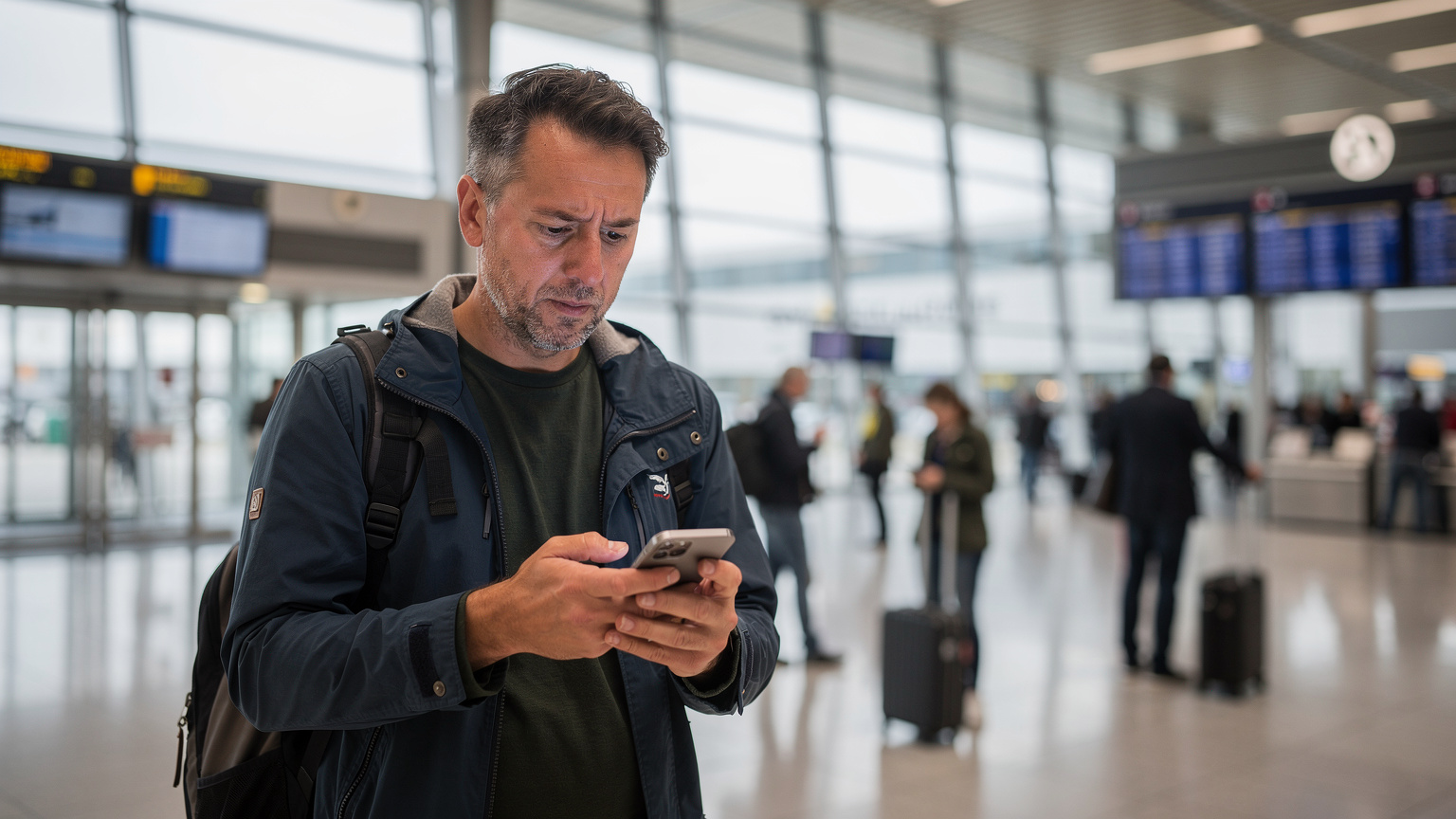 Ein Reisender am Flughafen Berlin-Tegel mit leicht besorgtem Blick auf sein Smartphone, umgeben von anderen Passagieren, die ihre Flüge überprüfen.