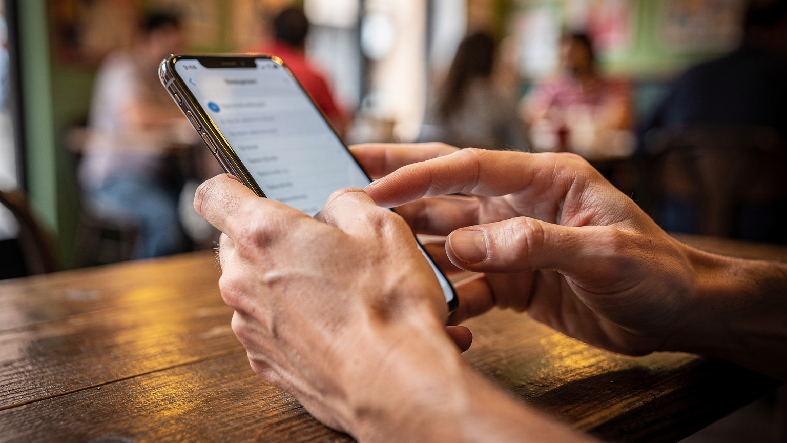 Nahaufnahme der Hände einer Person, die ihr iPhone hält und durch die Einstellungen navigiert, um die eSIM-Details zu überprüfen, in einem Café in Madrid.