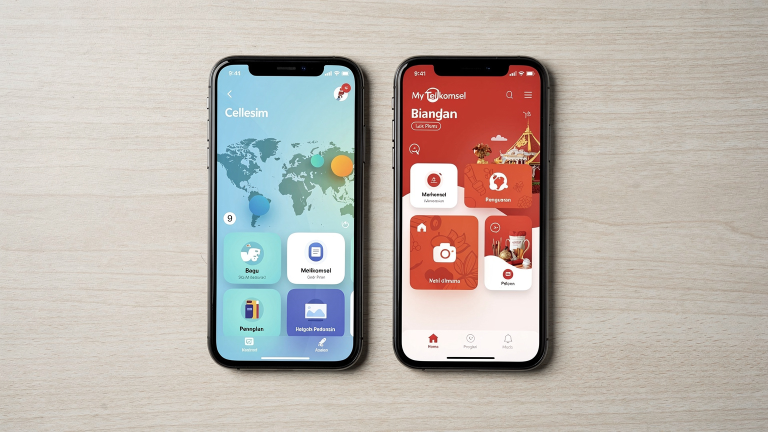 Sebuah ponsel menunjukkan aplikasi Cellesim dengan peta dunia dan berbagai paket data, kontras dengan aplikasi MyTelkomsel di ponsel lain, menggambarkan pilihan antara koneksi lokal dan global.