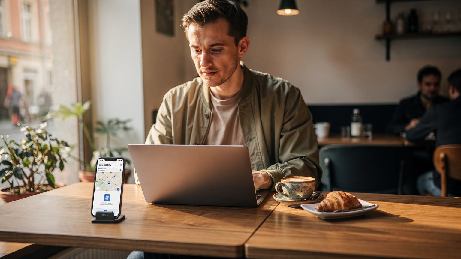 Seorang digital nomad sedang bekerja dengan laptopnya di sebuah kafe modern di Berlin, dengan ponselnya menampilkan peta dan menu eSIM, menunjukkan pentingnya konektivitas global.