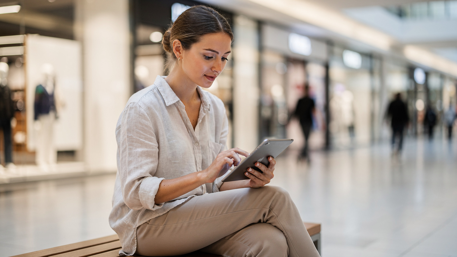 Eine junge Frau, gekleidet in ein leichtes Leinenhemd, sitzt auf einer Bank in einem belebten Einkaufszentrum in München. Sie hält ein iPad in der Hand und schaut konzentriert auf den Bildschirm, während sie die Einstellungen für mobile Daten überprüft.