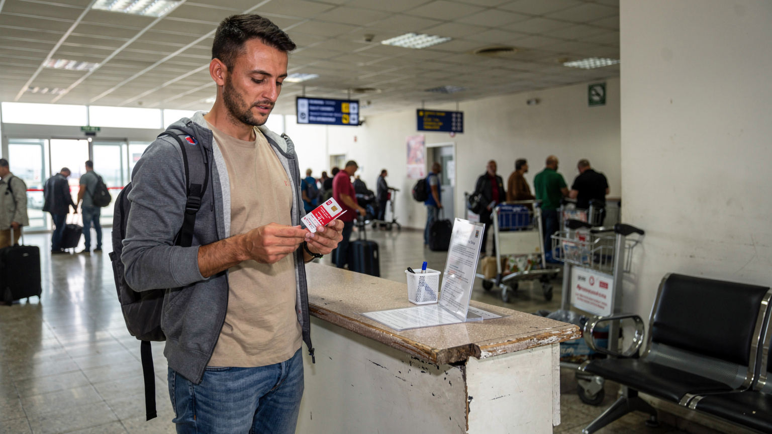 Ein Reisender steht an einem Schalter in der Ankunftshalle des Flughafens Tirana, Albanien. In seinen Händen hält er eine neue, noch verpackte lokale SIM-Karte von Vodafone Albanien. Der Bereich ist belebt, mit anderen Reisenden und Gepäck im Hintergrund.
