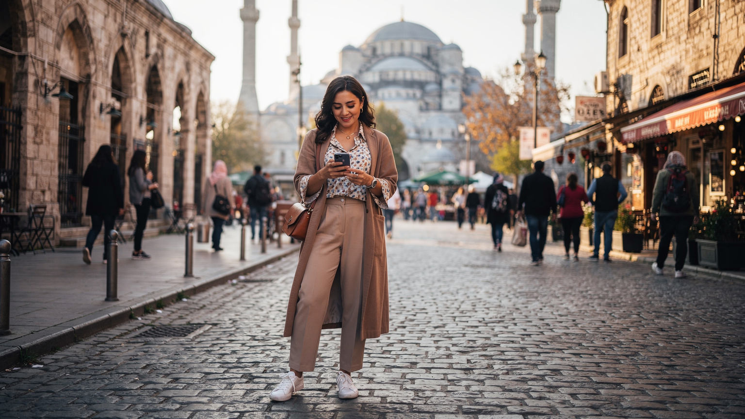 Bir seyahat blogger'ı, İstanbul'un tarihi yarımadasında, Sultanahmet Meydanı yakınlarında, elindeki telefonundan eSIM paketini aktif ediyor.