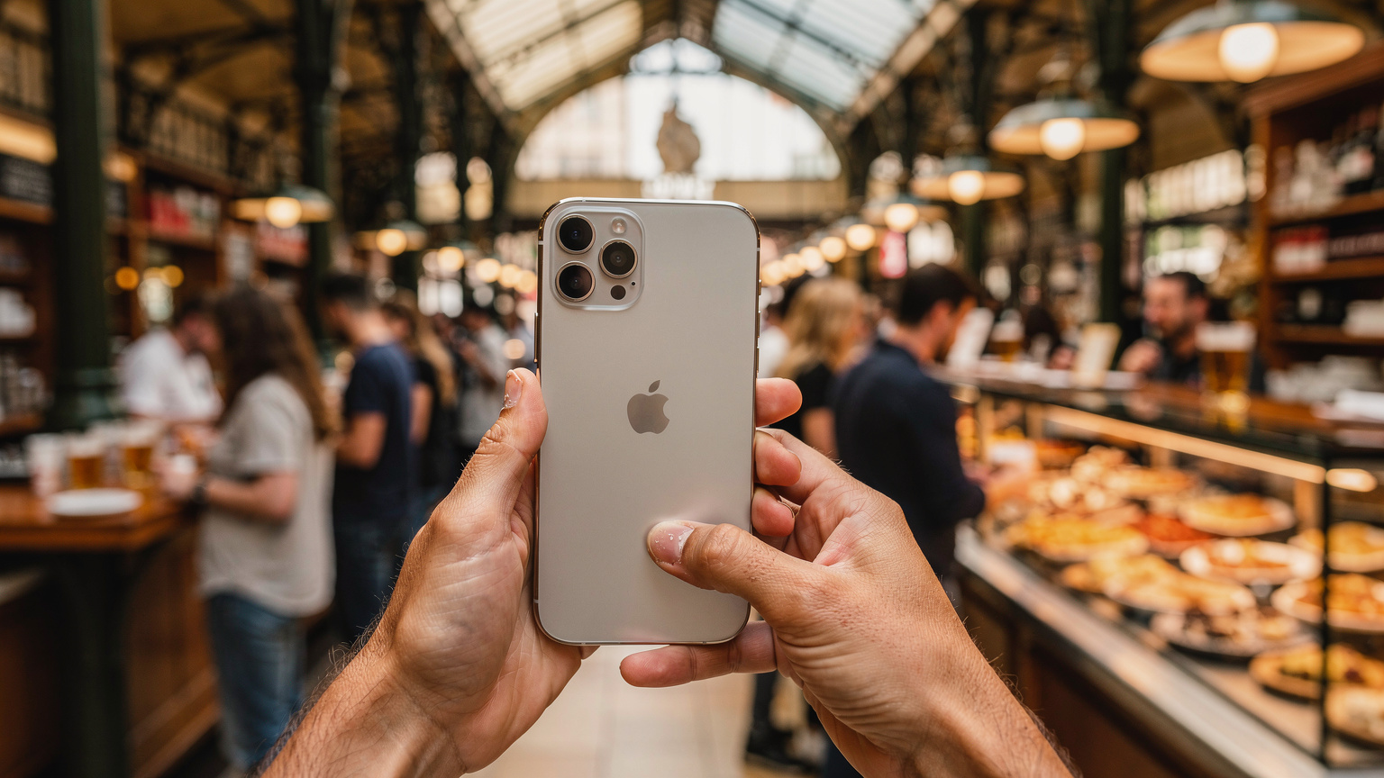 Manos de un viajero sosteniendo un iPhone 15 en primer plano, mientras el fondo muestra el animado Mercado de San Miguel en Madrid, donde se ve a gente comprando tapas y bebiendo cañas.