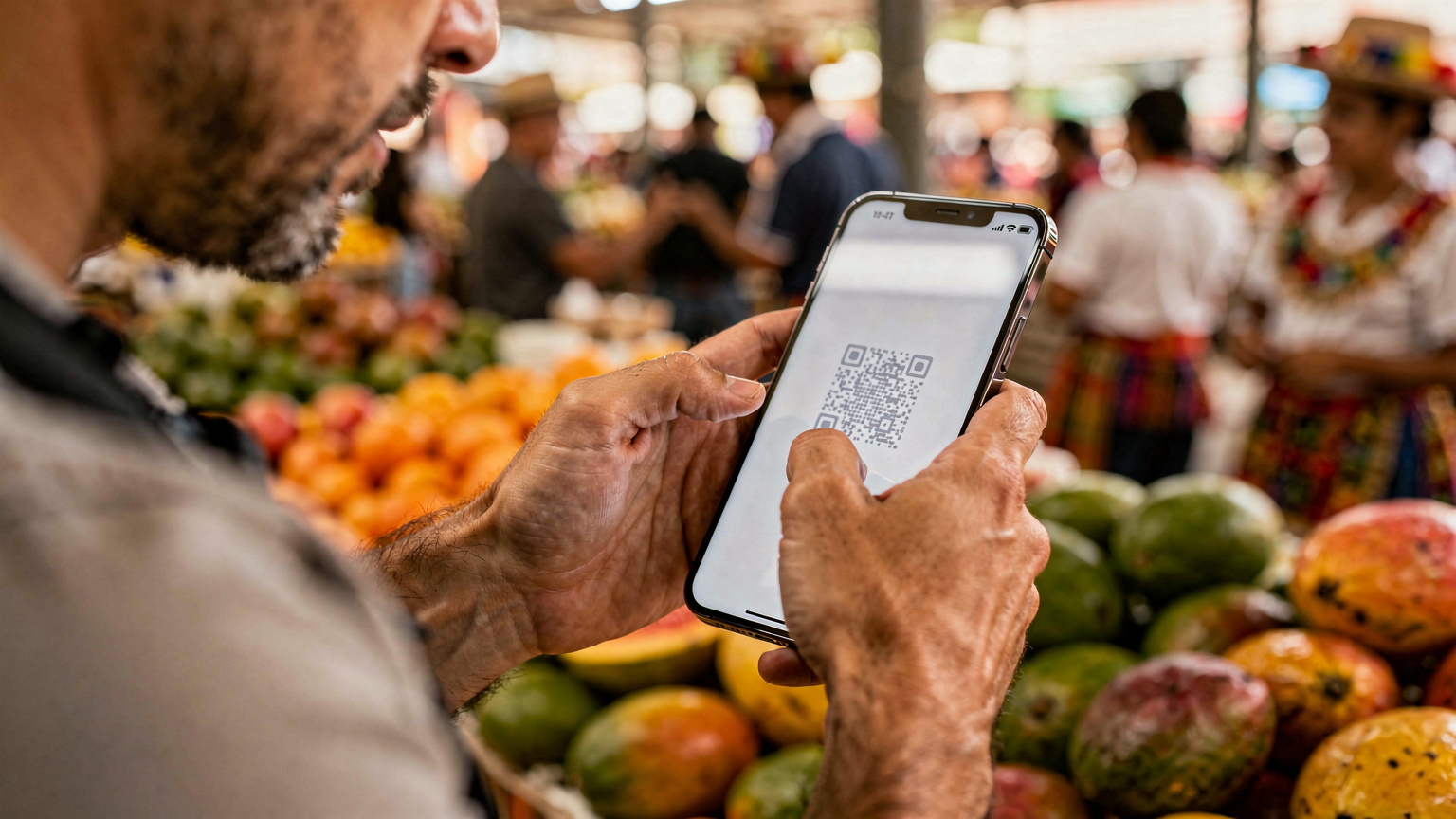 Un viajero activa su eSIM en un iPhone 15 en un mercado bullicioso de Medellín, Colombia, con frutas tropicales y vendedores al fondo.