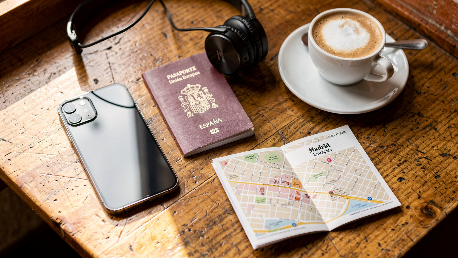 Un iPhone 15 junto a un pasaporte y unos auriculares, dispuestos sobre una mesa de madera en una cafetería acogedora de Madrid, España, con un mapa turístico ligeramente visible.