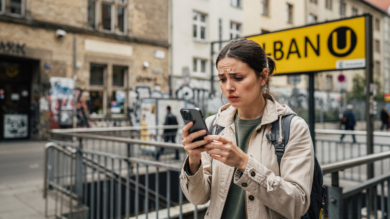 Una mujer utiliza su iPhone 15 para consultar indicaciones cerca de una estación de metro de la BVG en Berlín, con una expresión de ligera confusión, indicando un momento de necesidad de conectividad.