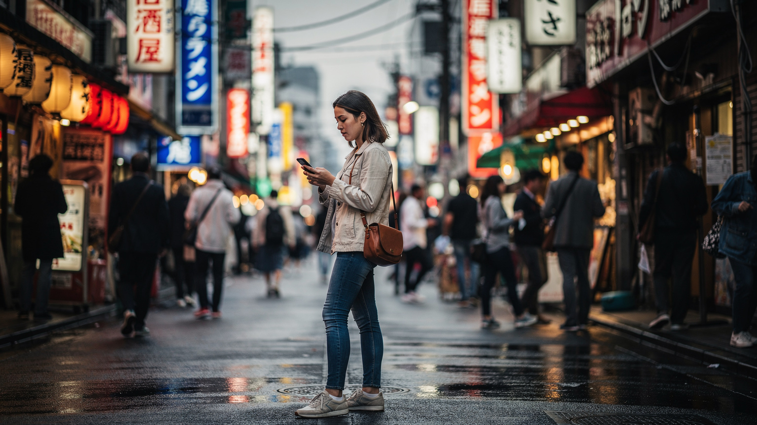 Een jonge vrouw kijkt geconcentreerd naar haar smartphone in de drukke, neonverlichte straten van Shinjuku, Tokyo, met op de achtergrond Japanse winkels en voorbijgangers.