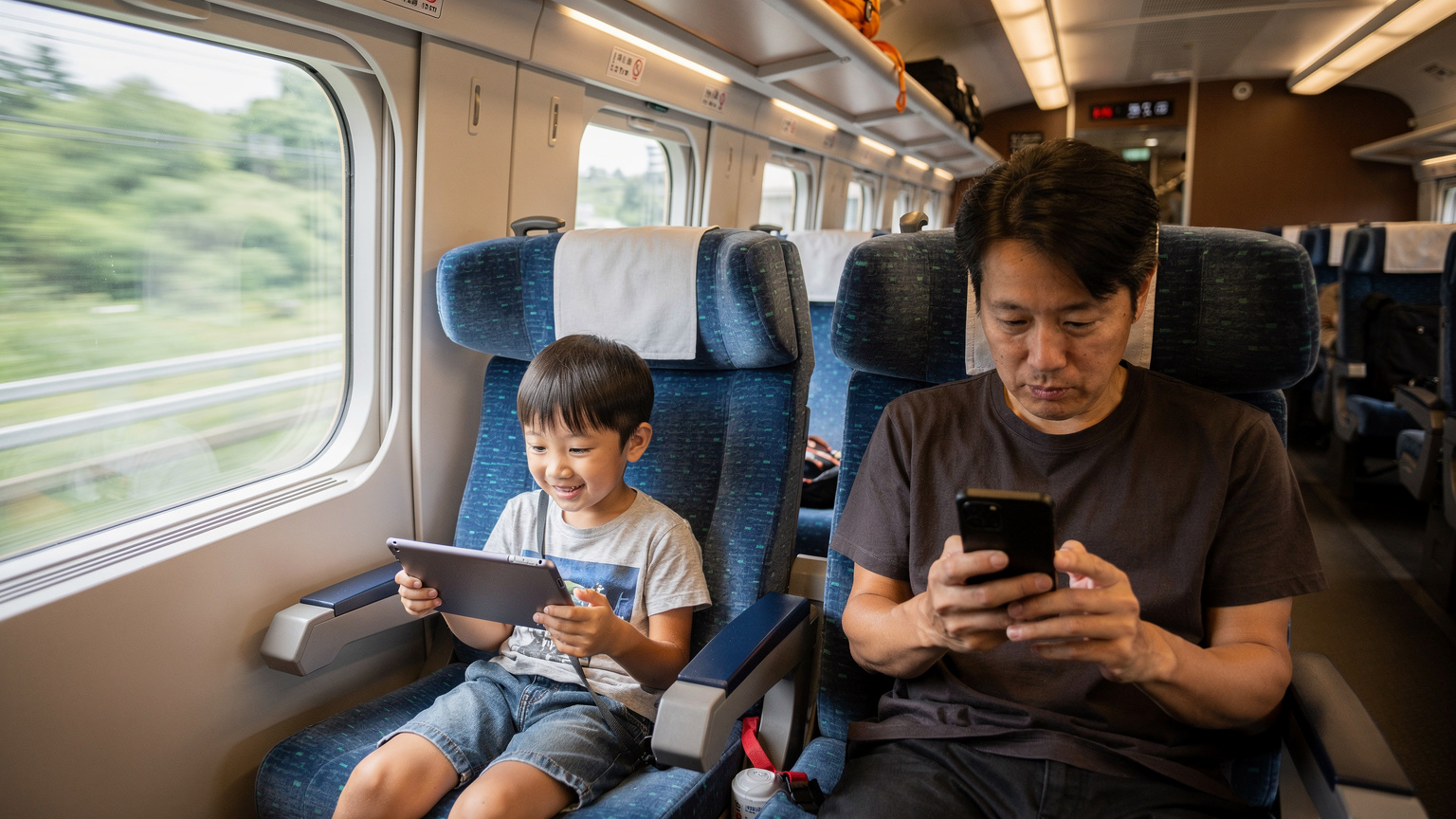 新幹線の車内で、小さな子供がタブレットで動画を視聴し、その隣で親がスマートフォンのデータ使用量を確認している様子。