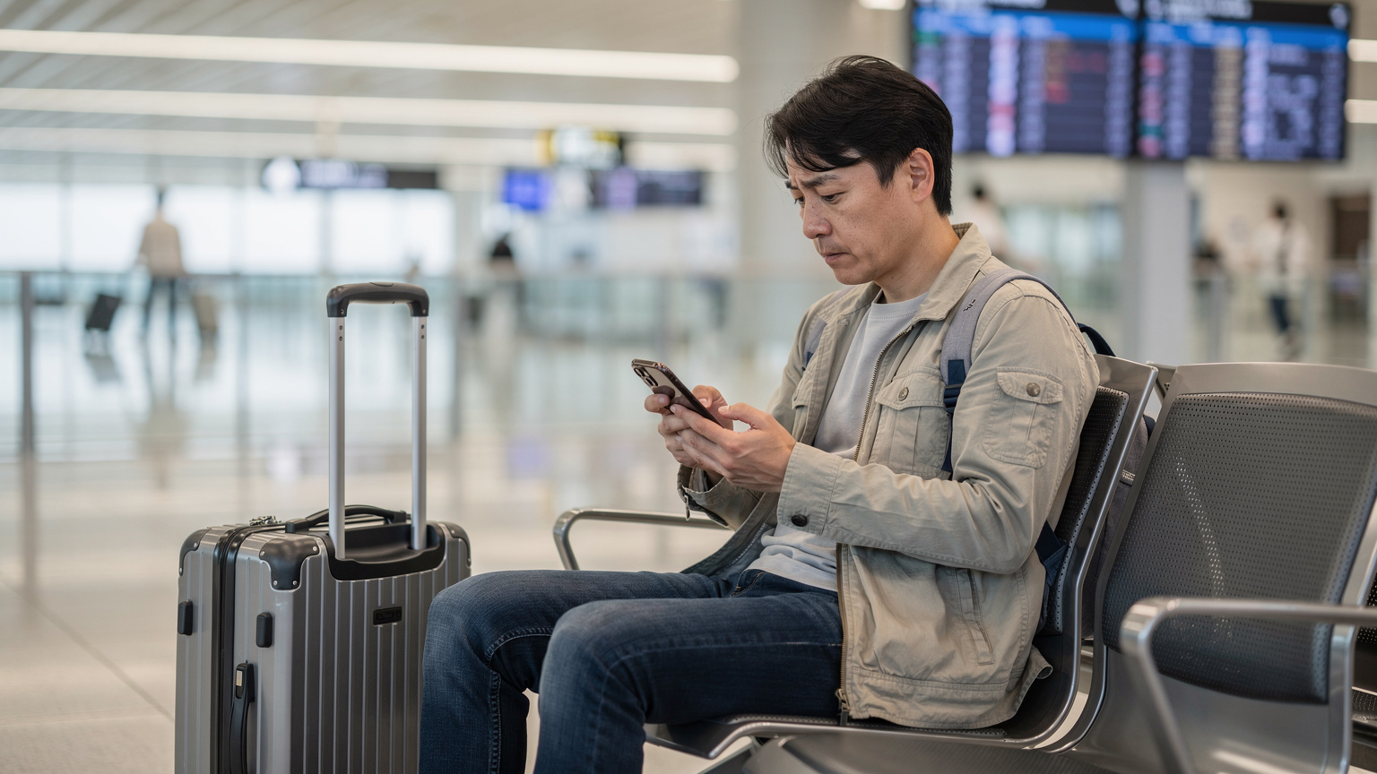 空港のベンチで、小さなスーツケースを傍らに置き、スマートフォンでeSIMの残りのデータ量を確認しながら、少し心配そうな表情を浮かべている旅行者のクローズアップ。